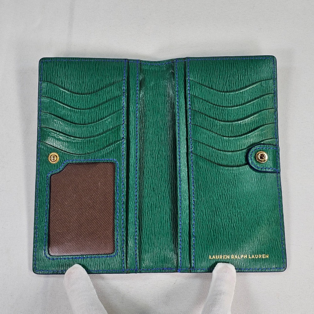 Lauren Ralph Lauren Green Textured Leather Slim Bifold Wallet Blue Stitching - Picture 3 of 10